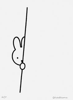 a black and white drawing of a bunny peeking out from behind a pole with its nose sticking out