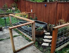 an outdoor garden area with several plants in pots and fenced in areas around it