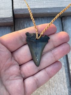 a person holding a piece of black rock in their hand on a wooden surface with rope