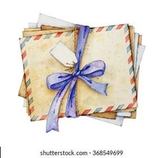 an envelope with a blue ribbon tied around it