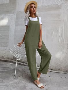 Solid Colour Long Sleeveless Jumpsuit Overalls Jumpsuit, Linen Overalls, Womens Jumpsuits Casual, Strap Pants, Lazy Style, Solid Color Jumpsuits, Jumpsuit Casual, Loose Jumpsuit, Trendy Chic