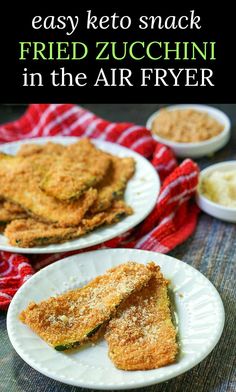 fried zucchini in the air fryer on a white plate with text overlay