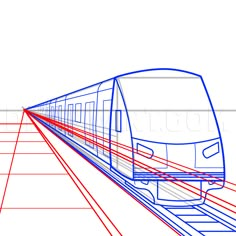 a blue and red line drawing of a train on the tracks with lines going through it