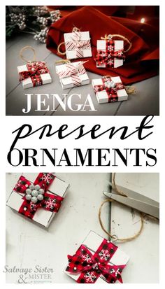 presents are wrapped in red and white paper with the words, christmas present ornaments