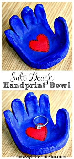 handprinted blue gloves with a red heart on it and the words salt dough handprint bowl