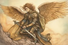 a drawing of an angel sitting on top of a mountain with two swords in his hand