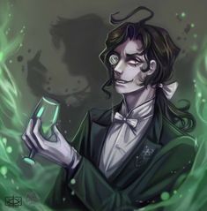 a drawing of a man in a suit holding a glass with something green on it