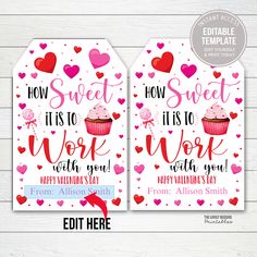 two valentine's day tags with hearts and cupcakes