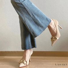 Lasaky - Chic Nude High Heels with Metal Chain Detailing, Pointed Toe, Slim Heels, and Soft Sole - Single Shoe Nude Stiletto Heels, Princess Heels, Halter Dress Short, Nude High Heels, Style Français, High Design, Cardigan Sweater Coat, French Women, Shoe Covers