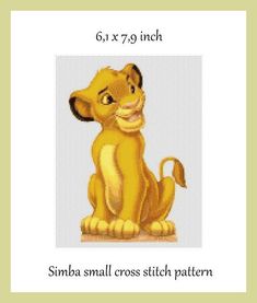 the lion king cross stitch pattern is shown in yellow and has an image of simba