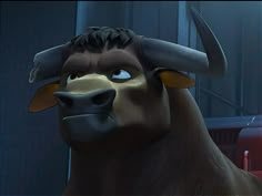 an animated bull with horns on its head is looking at the camera while standing in front of a building