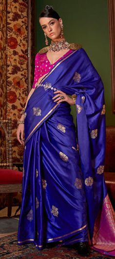 Blue color Saree in Satin Silk fabric with Weaving, Zari work Luxury Blue Banarasi Silk Salwar Kameez, Indigo Traditional Wear For Wedding With Cutdana Details, Indigo Wedding Traditional Wear With Cutdana, Indigo Wedding Dupatta With Pallu Detail, Indigo Dupatta With Pallu For Wedding, Wedding Indigo Dupatta With Pallu, Indigo Traditional Wear For Wedding And Festivals, Blue Zari Work Blouse Piece For Celebration, Celebration Blue Blouse Piece With Zari Work