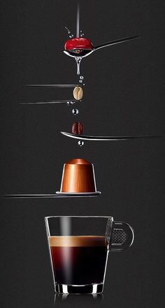 a cup of coffee is suspended in the air with three different objects attached to it