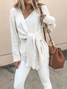 Plus Size Women Solid Color Twist Knot Dropped Shoulder Long Sleeve Casual Sweater Beige   Three Quarter Length Sleeve Knitwear   Slight Stretch  Women Plus Clothing, size features are:Bust: ,Length: ,Sleeve Length: