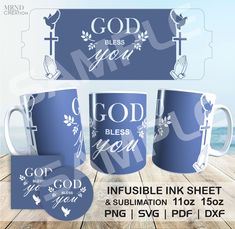 three coffee mugs with the words god, blessing and bible