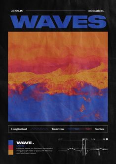 an advertisement for waves on the side of a blackboard with orange and blue colors