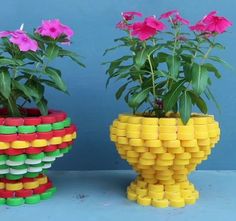 two flower pots made out of lego blocks