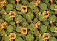 a green background with orange flowers and leaves