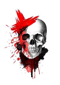 a skull with red paint splatters on it