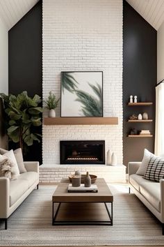 Modern Living Room With Brick Fireplace, White Brick Inside House, White Fireplace Brick With Wood Mantel, Dark Accent Wall White Fireplace, White Brick Wallpaper Fireplace, Wall Color With White Fireplace, Style Around Fireplace, Vaulted Brick Fireplace, Wood Black And White Living Room