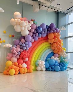 Balloon Wall with Clouds and Rainbows for Children's Party Rainbow Balloon Decor, Cloud Wall Backdrop, Rainbow Balloon Garland Backdrop, Children Birthday Decoration Ideas, Rainbow Theme Balloon Decoration, Cloud Balloon Arch, Rainbow Theme Backdrop, Balloon Garland On Wall, Balloon Color Schemes