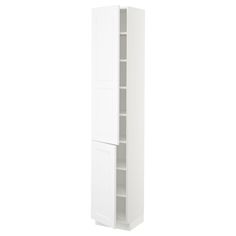 a tall white cabinet with two doors and shelves