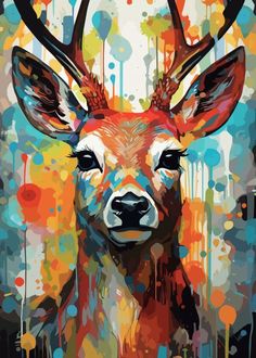 a painting of a deer with colorful paint splatters on it's face