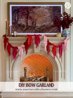 a fireplace decorated with red and pink ribbon garlands for the mantelpiece above it