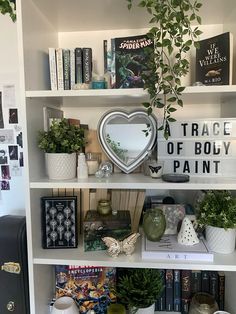 a book shelf filled with lots of books and plants