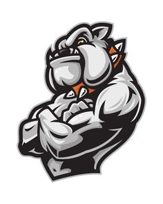 an angry bulldog mascot with his arms crossed