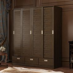 a large closet with many doors and drawers in the middle of a living room area