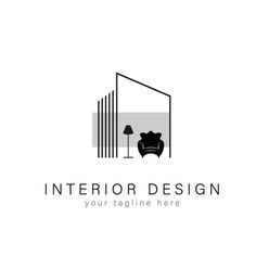 an interior design logo with a chair and lamp in the corner, on a white background