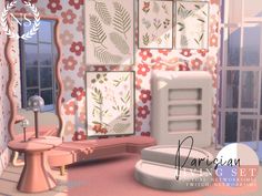 an artistic rendering of a bathroom with flowers on the wall and pink furniture in the foreground