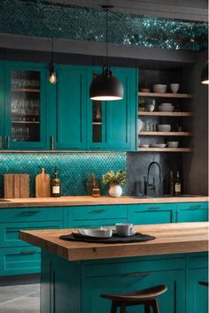 Modern kitchen with two-tone cabinetry Teal Color Kitchen Cabinets, Kitchen Palette, Kitchen Color Trends, Kitchen Color Schemes, Dark Green Kitchen, Paint Trends, Teal Kitchen, Fresh Kitchen, Kitchen Colour Schemes