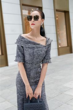 Winter Formal Tweed Dress, Elegant Evening Tweed Dresses, Knee-length Tweed Mini Dress For Evening, Elegant Tweed Mini Dress For Formal Occasions, Elegant Tweed Dresses For Winter, Elegant Tweed Winter Dresses, Elegant Spring Tweed Mini Dress, Elegant Mini Length Tweed Dress, Elegant Spring Tweed Dress