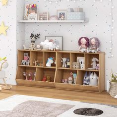 a child's room with toys on shelves and stars painted on the wall behind it