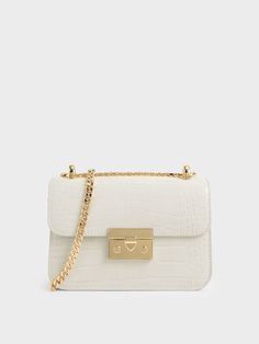 Chalk Croc-Effect Chain Strap Crossbody Bag - CHARLES & KEITH US Charles And Keith Bags, Charles And Keith, Purse Trends, Chain Strap Bag, Latest Bags, Leather Sling Bag, White Purses, Strap Bag, Charles Keith