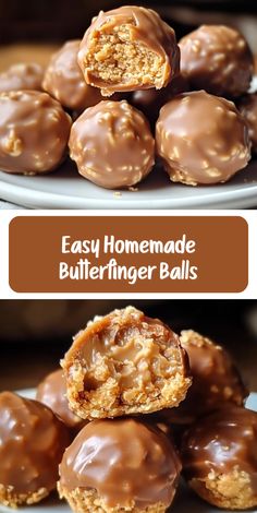 easy homemade butterfingeren balls are stacked on top of each other and ready to be eaten