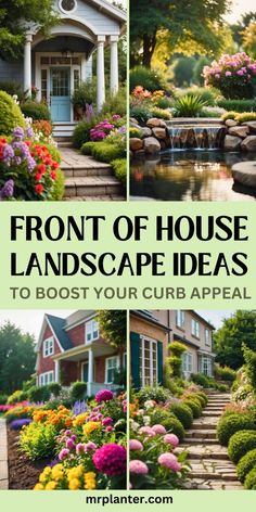 front yard landscaping ideas with flowers and trees in the foreground, water fountain on the side