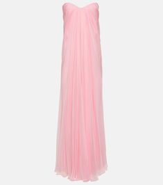 Strapless draped silk chiffon gown in pink - Alexander Mc Queen | Mytheresa Alexander Mcqueen Gown, Chiffon Gown Styles, Alexander Mcqueen Clothing, Drape Gowns, Drape Maxi Dress, Dior Dress, Strapless Bustier, Designer Drapes, Bustier Dress