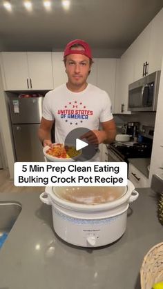 a man standing in front of a crock pot filled with food