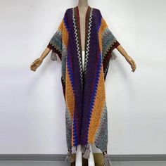 Knitted Sweater Kimono – Robe Kimono Bohemian Stretch Sweater For Winter, Bohemian Stretch Sweater For The Beach, Bohemian Stretch Sweater For Beach, Knitted Multicolor Sweater For Vacation, Multicolor Winter Cardigan For Vacation, Multicolor Knit Cardigan For The Beach, Multicolor Knitted Sweater For Vacation, Oversized Long Blue Sweater, Multicolor Knit Beach Cardigan