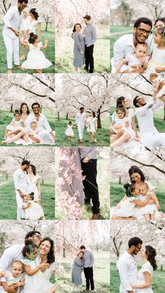 a collage of people posing for pictures in front of some trees with flowers on them