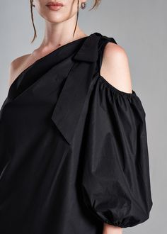 Cold shoulder asymmetric  black blouse for women Modern One-shoulder Summer Blouse, Chic Asymmetrical Off-shoulder Top For Spring, Spring Chic Asymmetrical Off-shoulder Top, Summer Evening Blouse With Bow, Elegant Asymmetrical Off-shoulder Top For Summer, Modern One-shoulder Top For Workwear, Elegant Spring Off-shoulder Top With Asymmetrical Neckline, Modern One-shoulder Top For Work, Elegant Off-shoulder Top With Asymmetrical Neckline For Spring