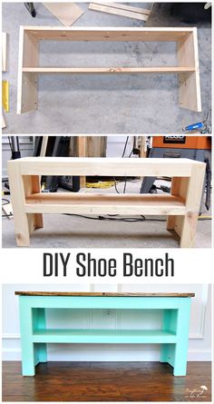 the diy shoe bench is made from two different pieces of wood