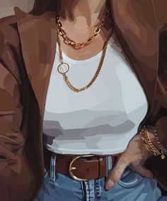 a painting of a woman wearing jeans and a white t - shirt with a gold chain around her neck