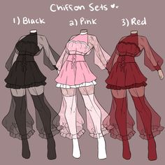 three different dresses are shown in the same drawing style, one is red and one is black