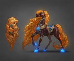 an image of two horses with long hair and glowing lights on their faces, one horse is