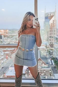 Denim Mini Dress Outfit, Blue Jean Dress Outfit, Cowgirl Bachelorette Parties, Strapless Denim Dress, Cowgirl Style Outfits, Denim Playsuit, Dance With Me, Bachelorette Party Outfit, Nashville Outfits