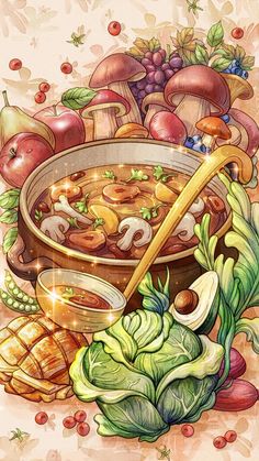 a painting of food and vegetables on a table with an illustration of mushrooms, onions, carrots, celery